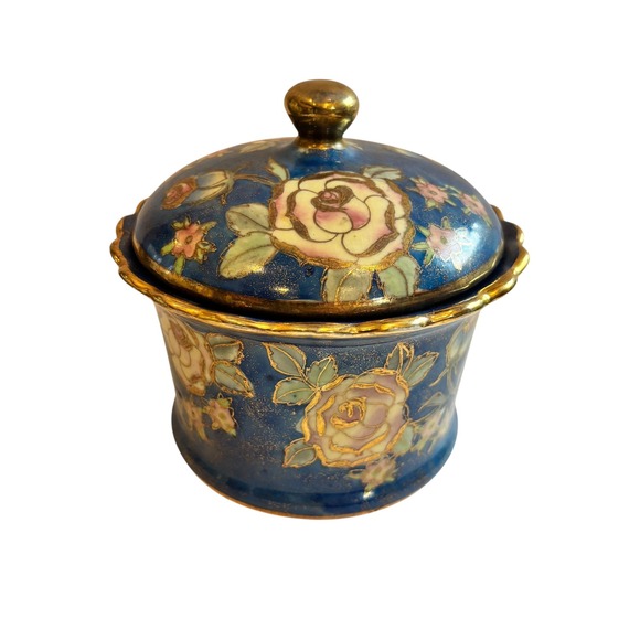 Other - Antique Nippon Hand Painted Blue Moriage Floral Covered Powder Jar